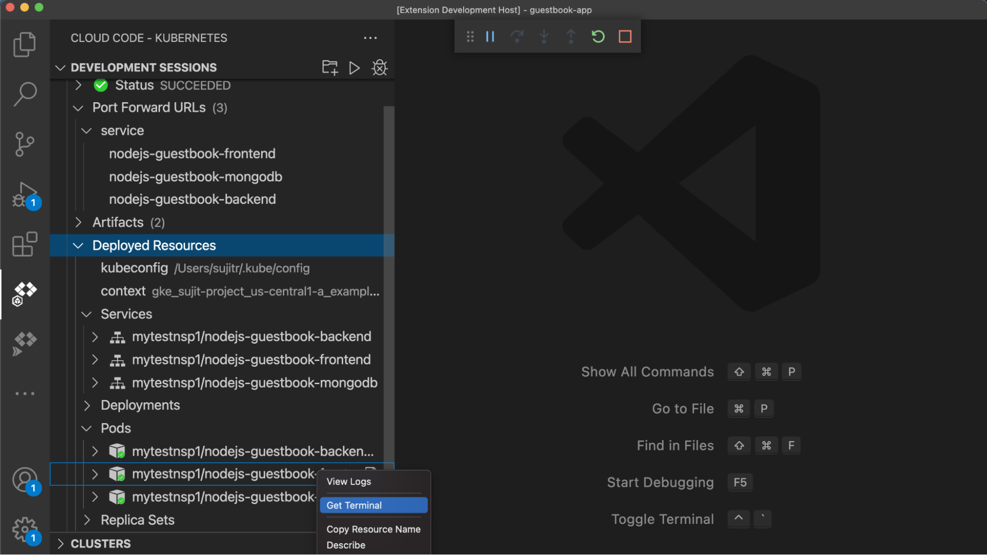 Development Sessions Kubernetes Resources - Get Terminal selected