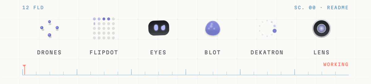 The six Tiny Tells moving through working, done, error, warning, and idle.