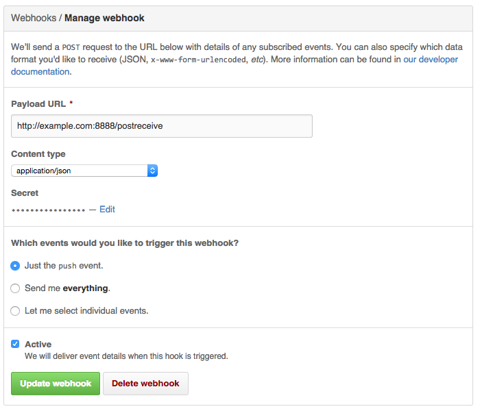 Configuring webhooks in github