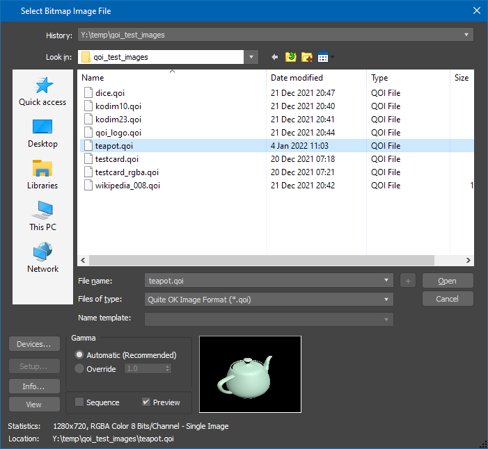 Screenshot of the image selection dialog, showing a thumbnail of a rendered teapot test image.