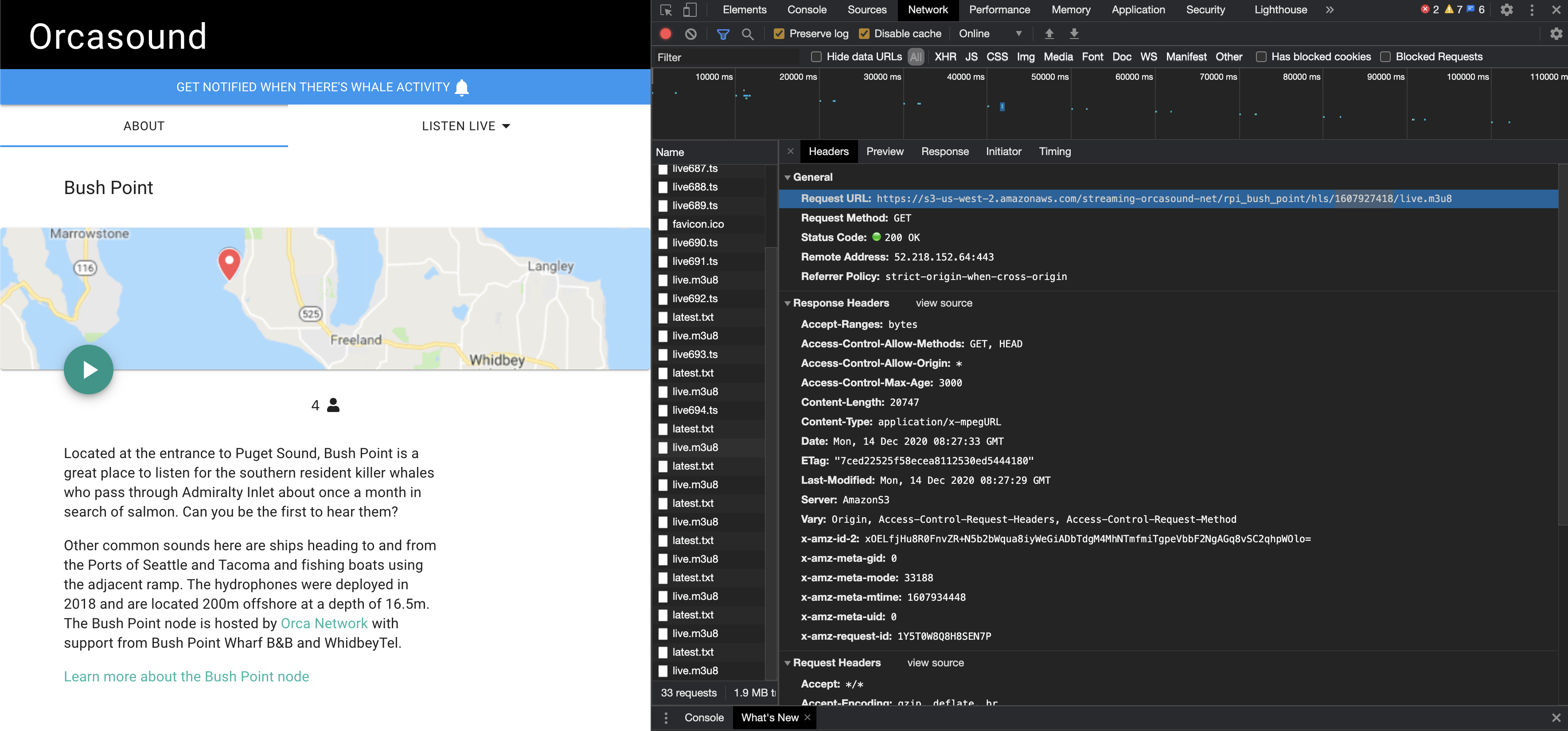 Orcasound web app network console data URL