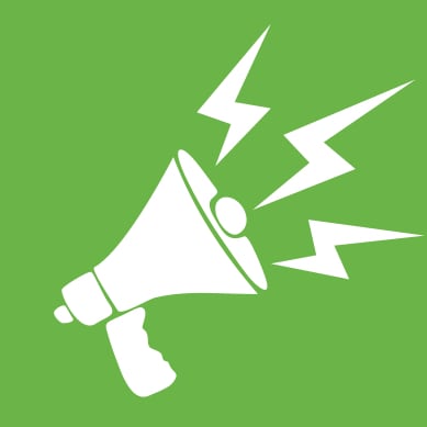 Technologieplauscherl Logo - white megaphone on green background