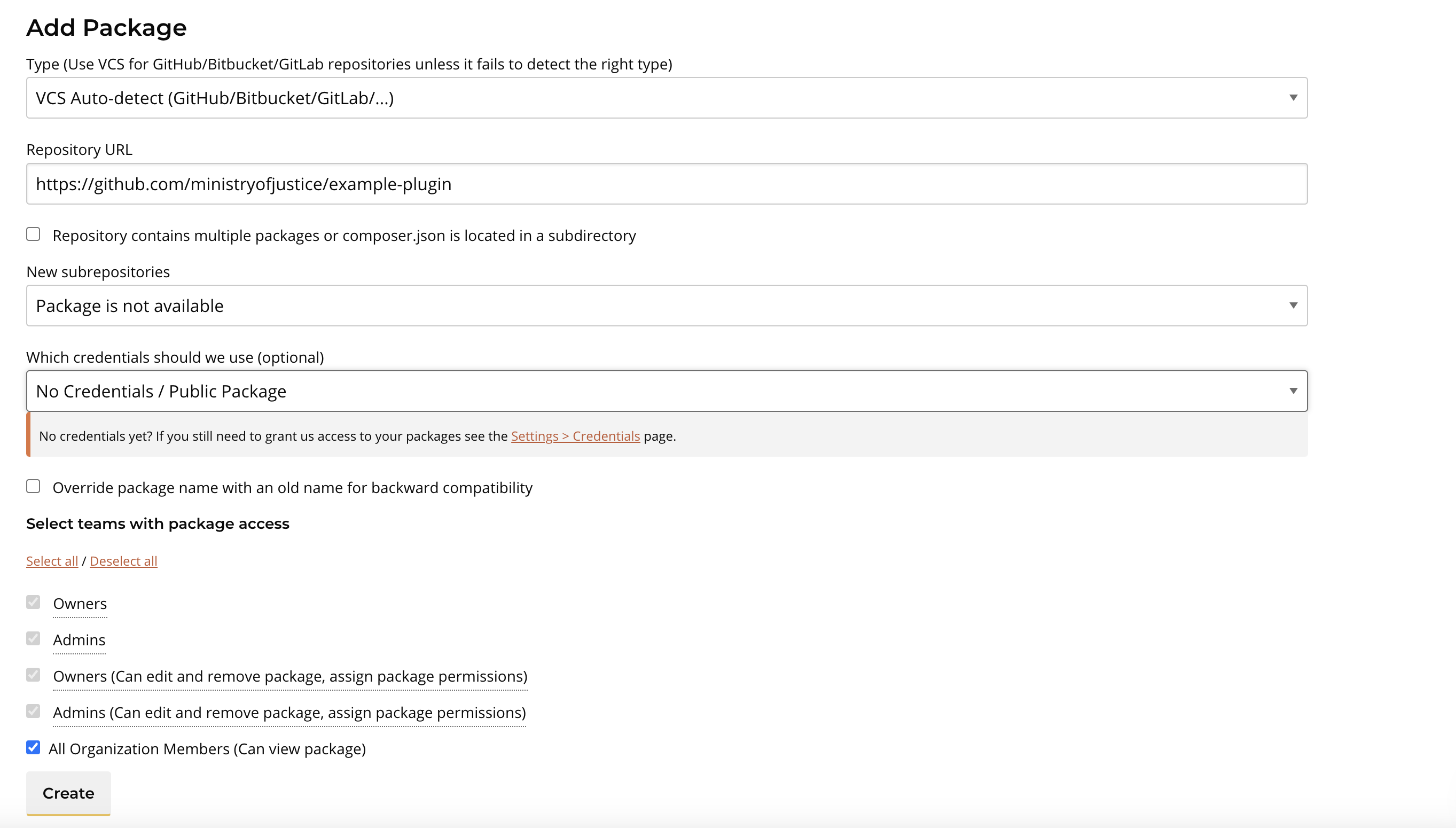 Fill in new package form