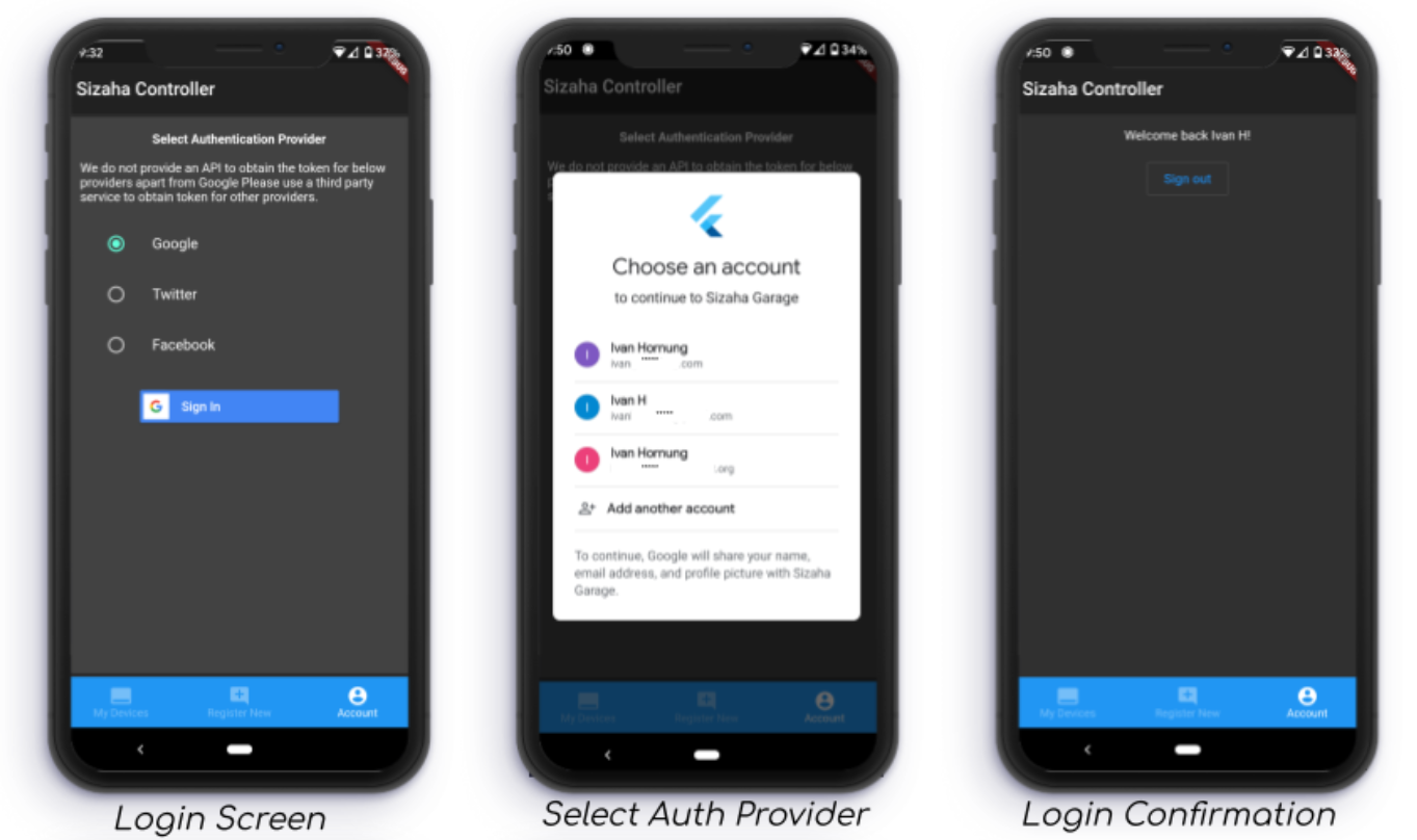 Sizaha App Screens: Login, Auth, and Confirmation