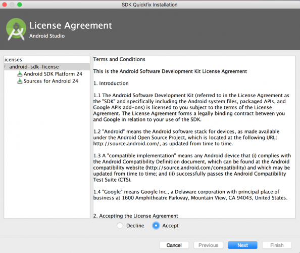 Beginning Android development - Android Studio license agreement