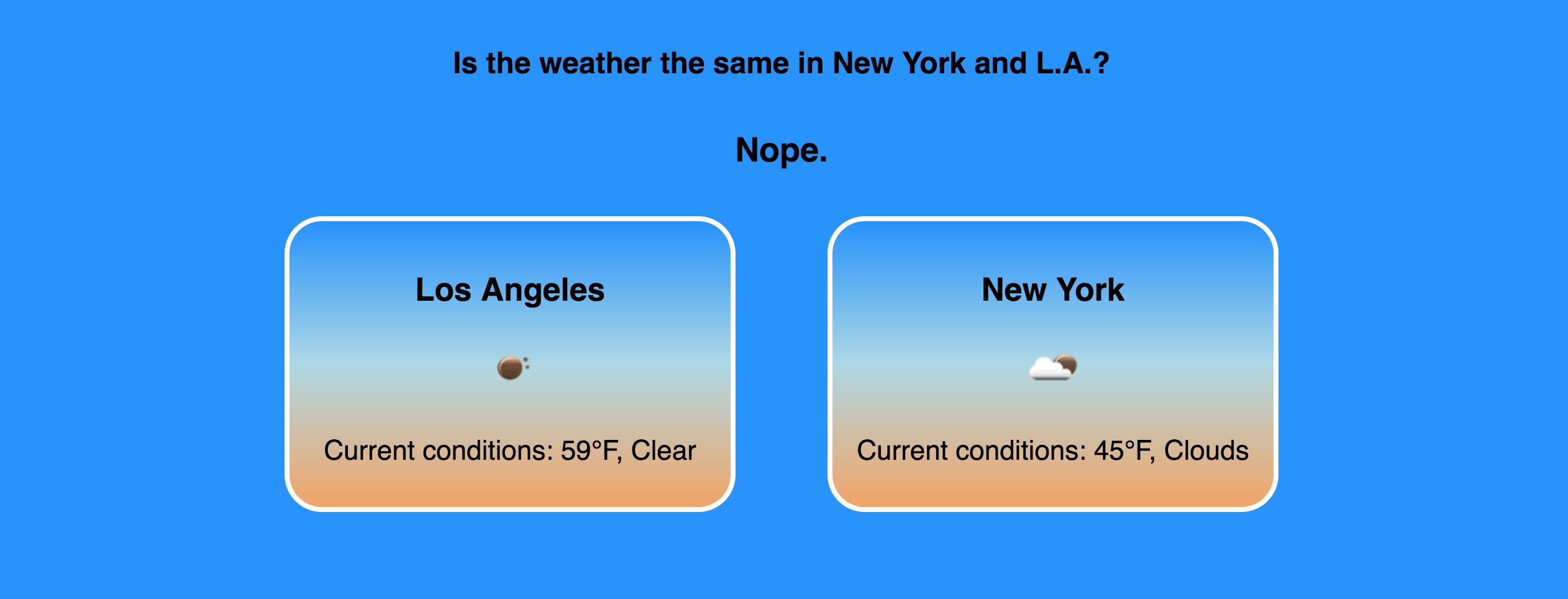 screenshot of istheweatherthesameinnewyorkandla.com