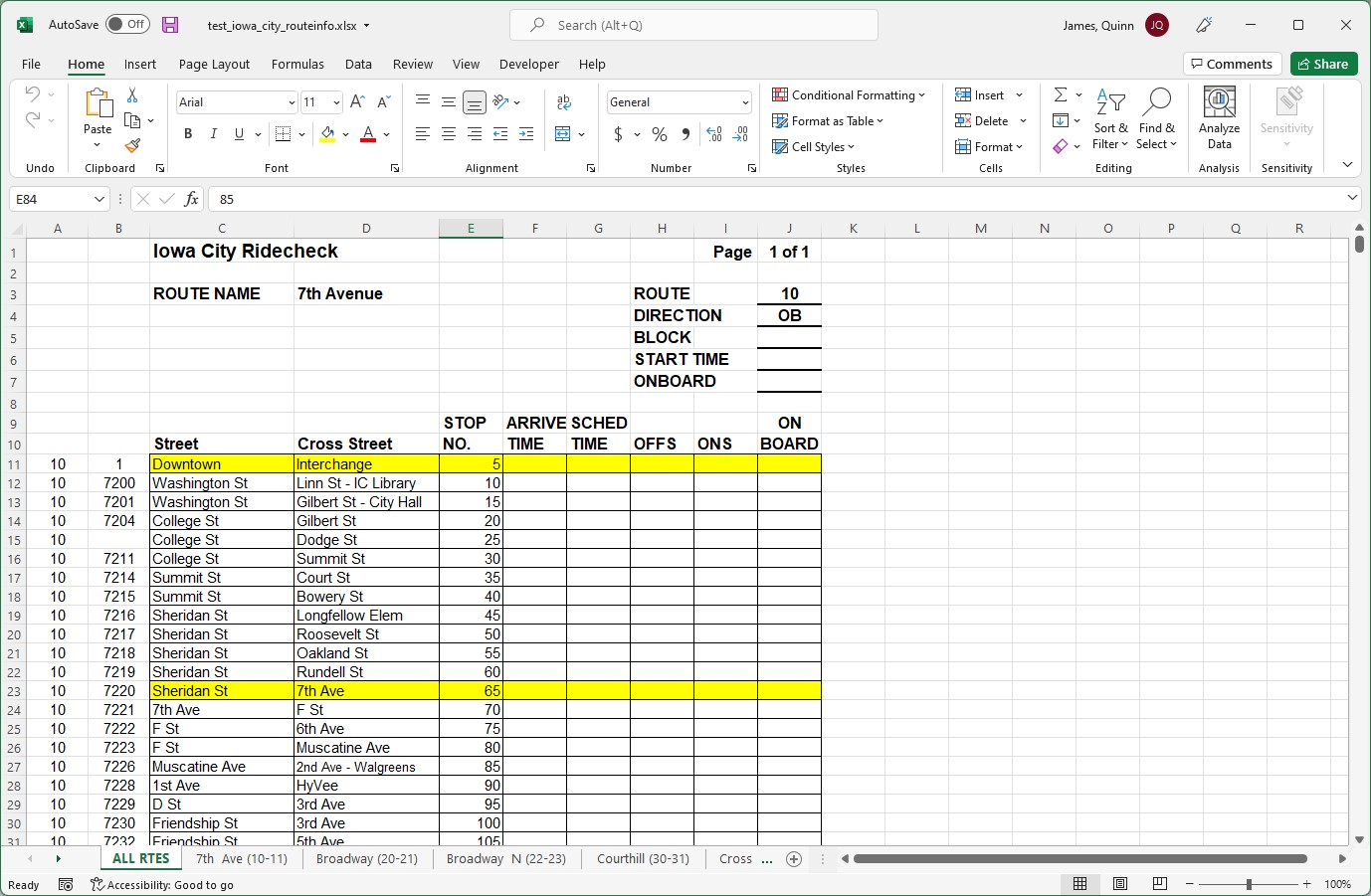 Bus stop Excel workbook