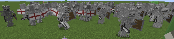 Lots of Minecraft skeletons with chainmail, iron swords, and shields