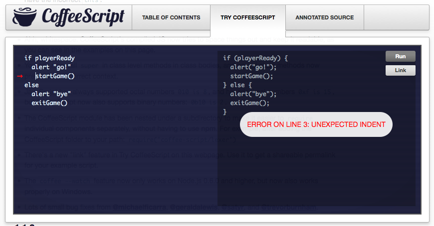 mockup of Try CoffeeScript with big error message and source error marker