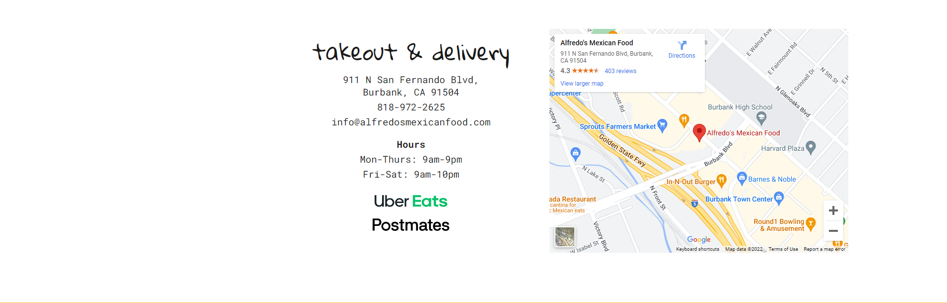 Alfredo's takeout-info section