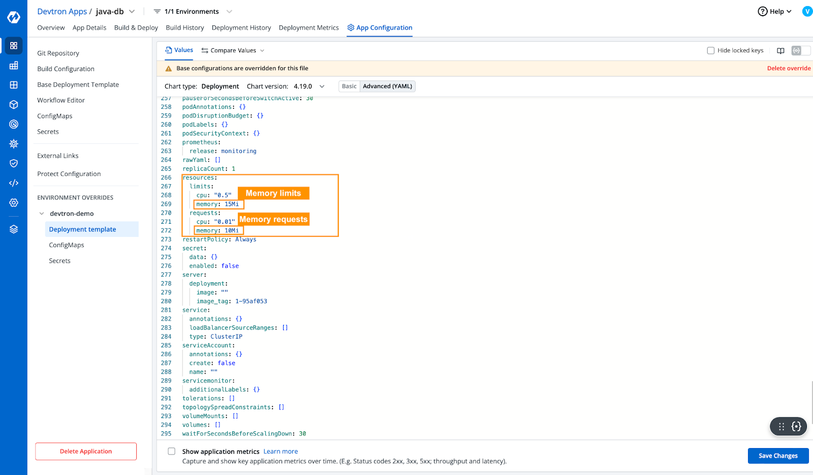 Update Memory requests in YAML