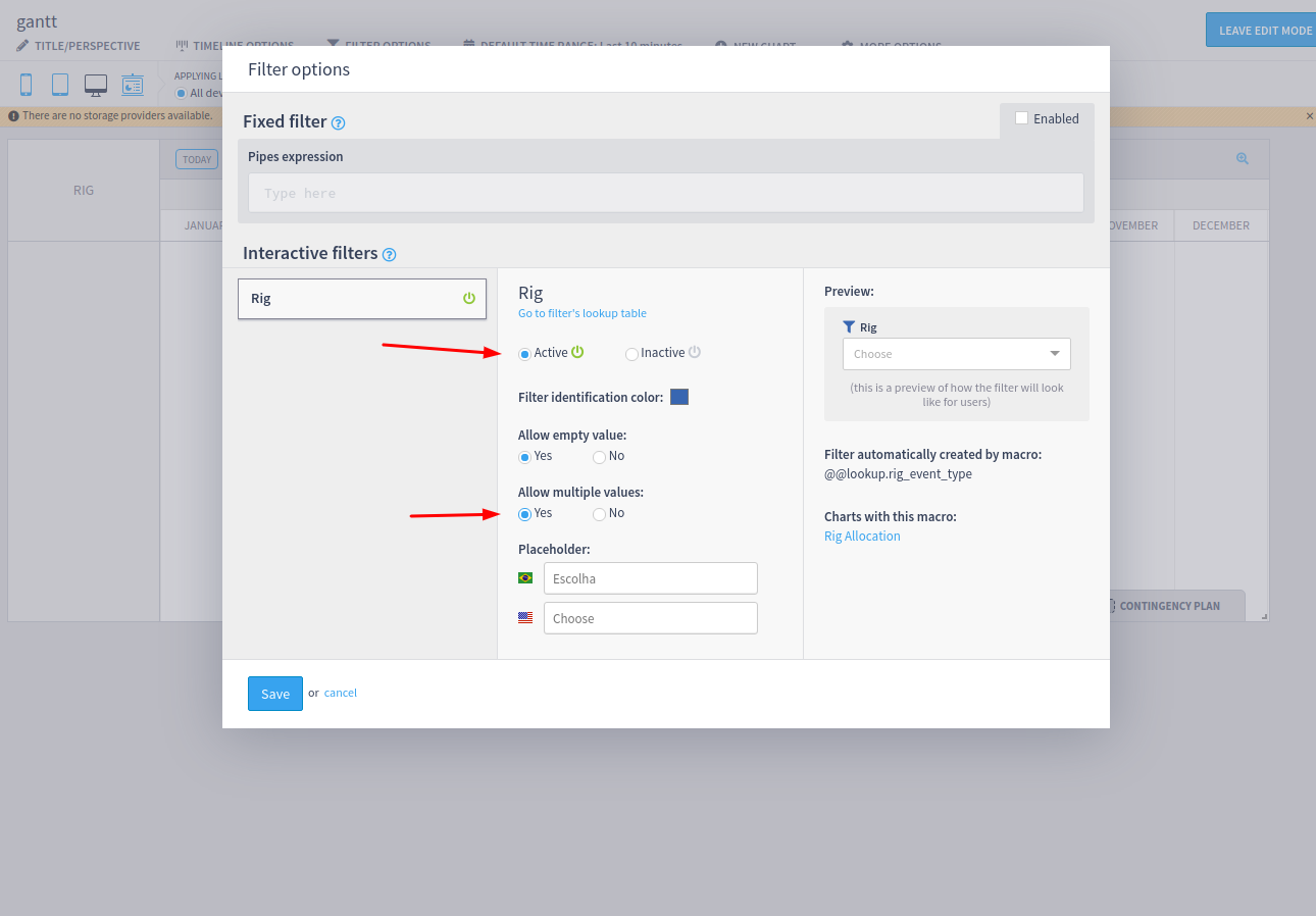 Active filters dashboard configuration