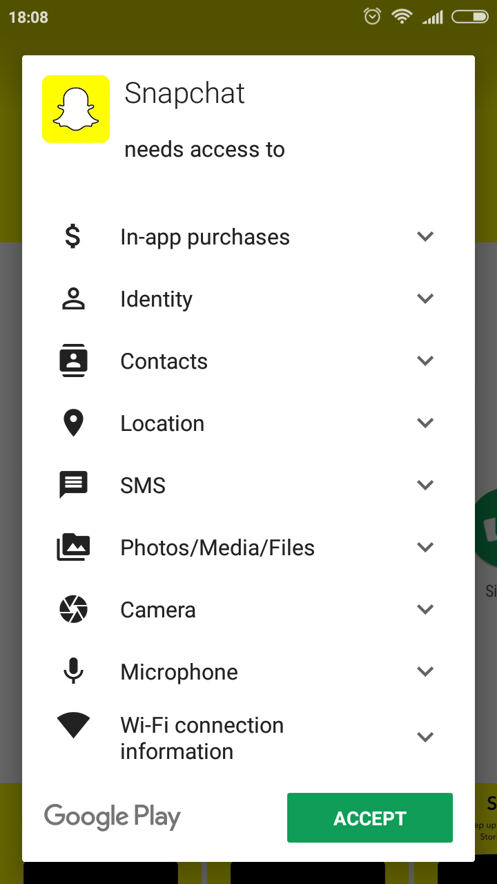 snapchat install time permissions