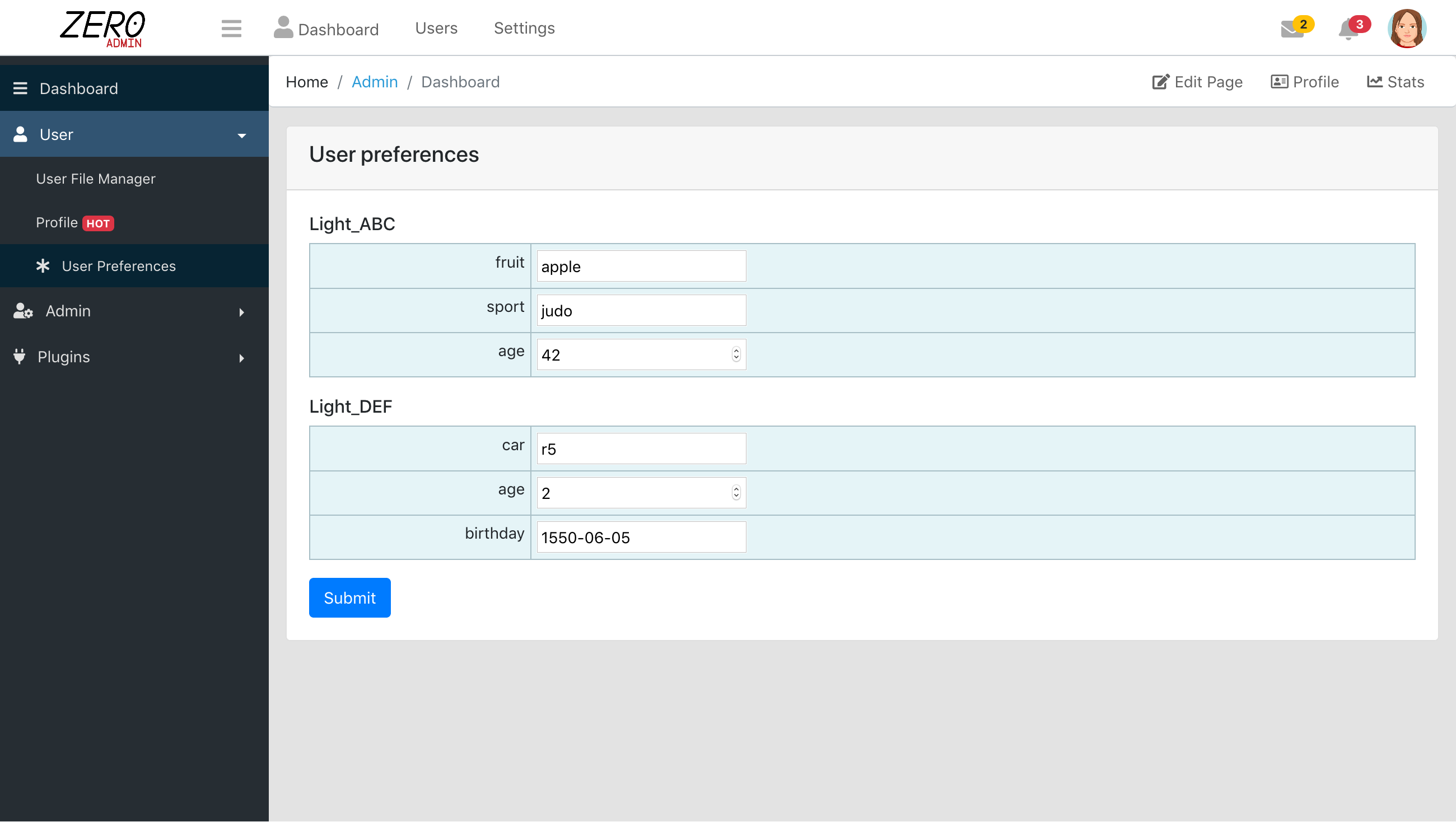 The user preferences page