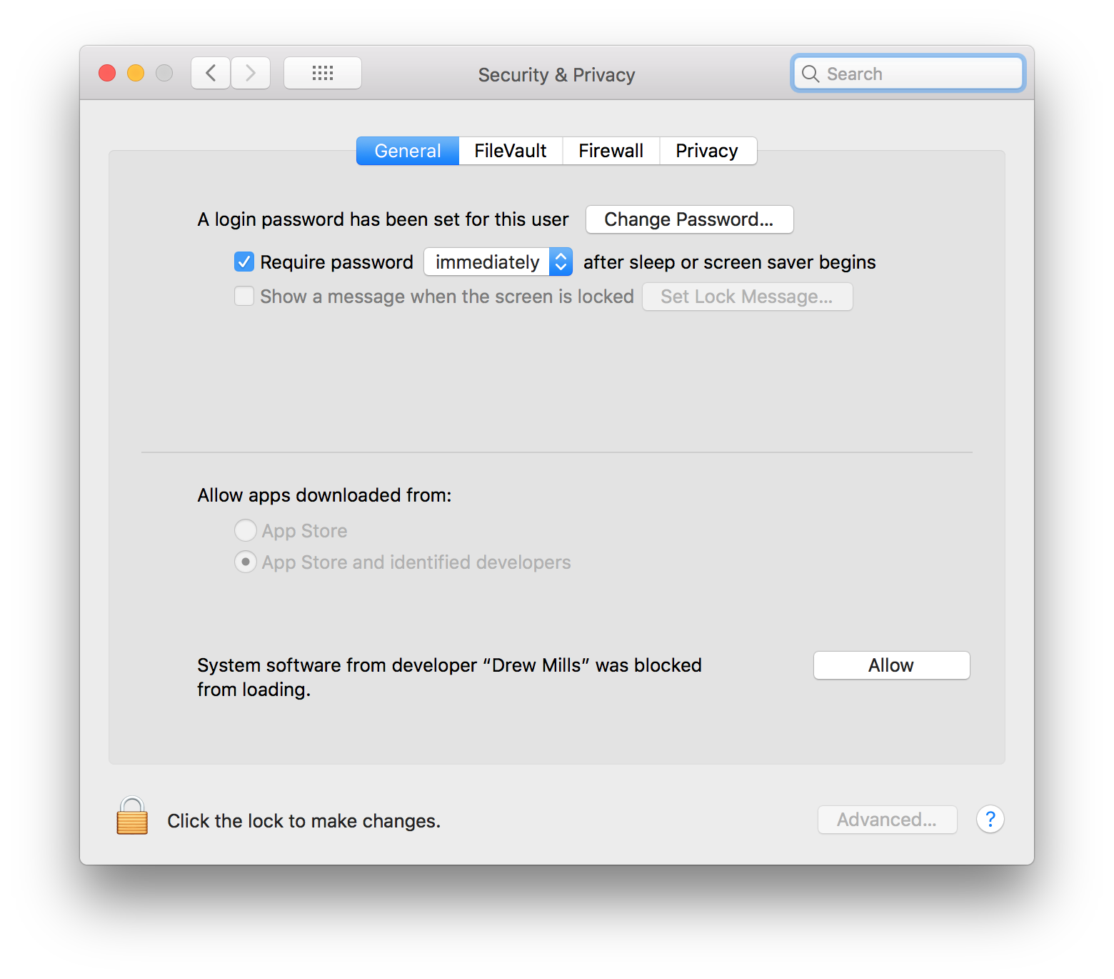 Security & Privacy Preference Pane displaying prompt to user: System software from user "Drew Mills" was blocked from loading