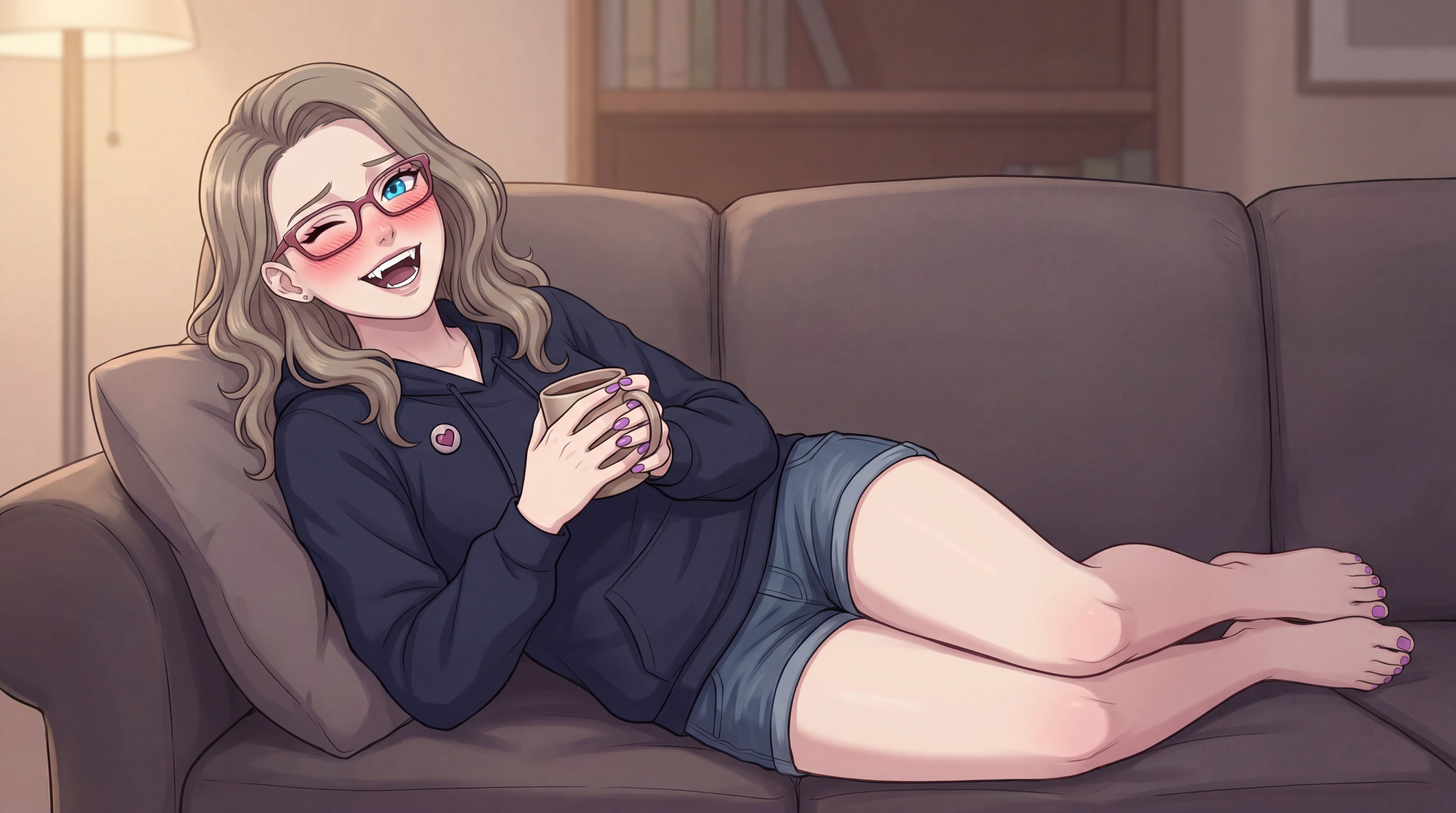 A woman in glasses and a blazer relaxes in an office, barefoot with feet on a desk. She holds a steaming mug, with a cityscape visible through the window.