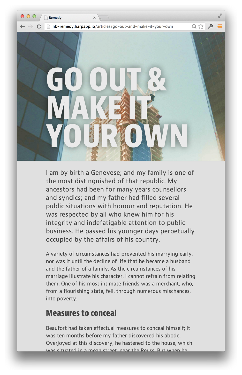 A screenshot of an article in this Harp boilerplate.