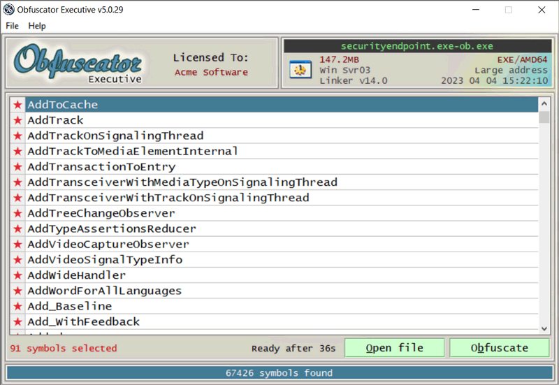 Screenshot of Obfuscator Executive software obfuscation tool