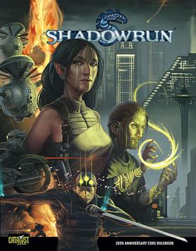 Shadowrun TTRPG 20th Anniversary cover and Catalyst Games link