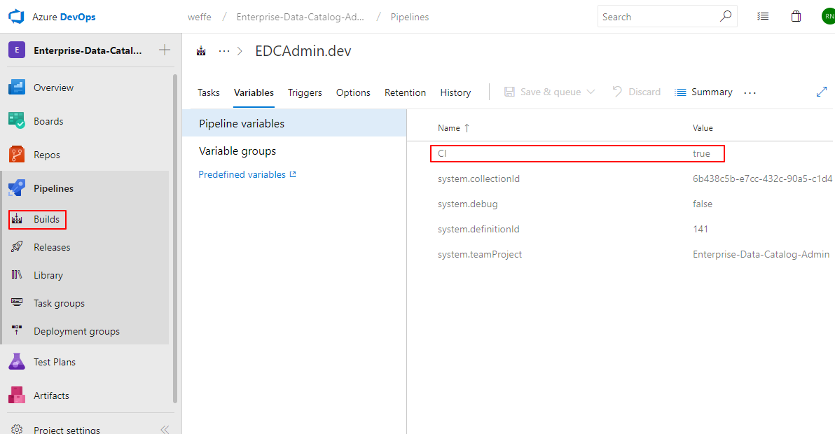 Screenshot of CI pipeline variable