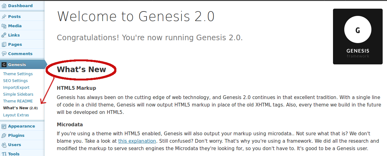 Genesis What's New Info: Left-hand admin menu: new item "What's New (<branch version>)". (Click here for larger version of screenshot).