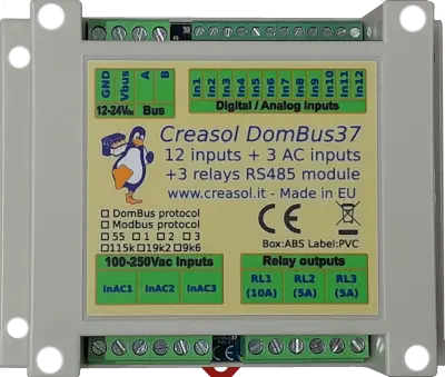 DomBus37 domotic module with 12 inputs, 3 AC inputs, 3 relay outputs