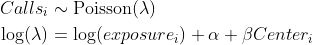 \begin{align*} Calls_i &\sim \text{Poisson}(\lambda) \\ \log(\lambda) &= \log(exposure_i) + \alpha + \beta Center_i \end{align*}