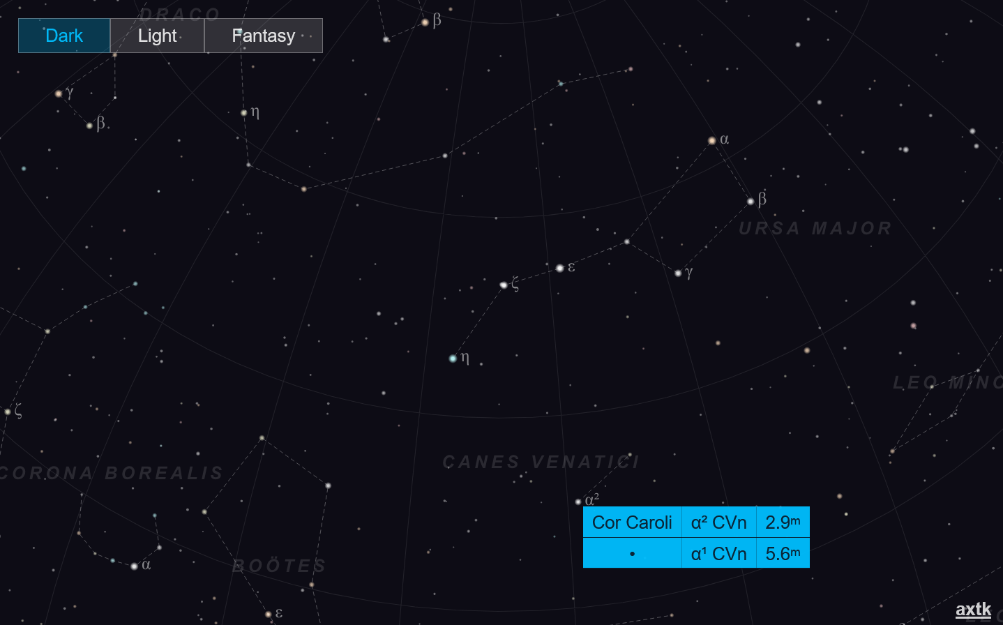 Night sky map, dark mode