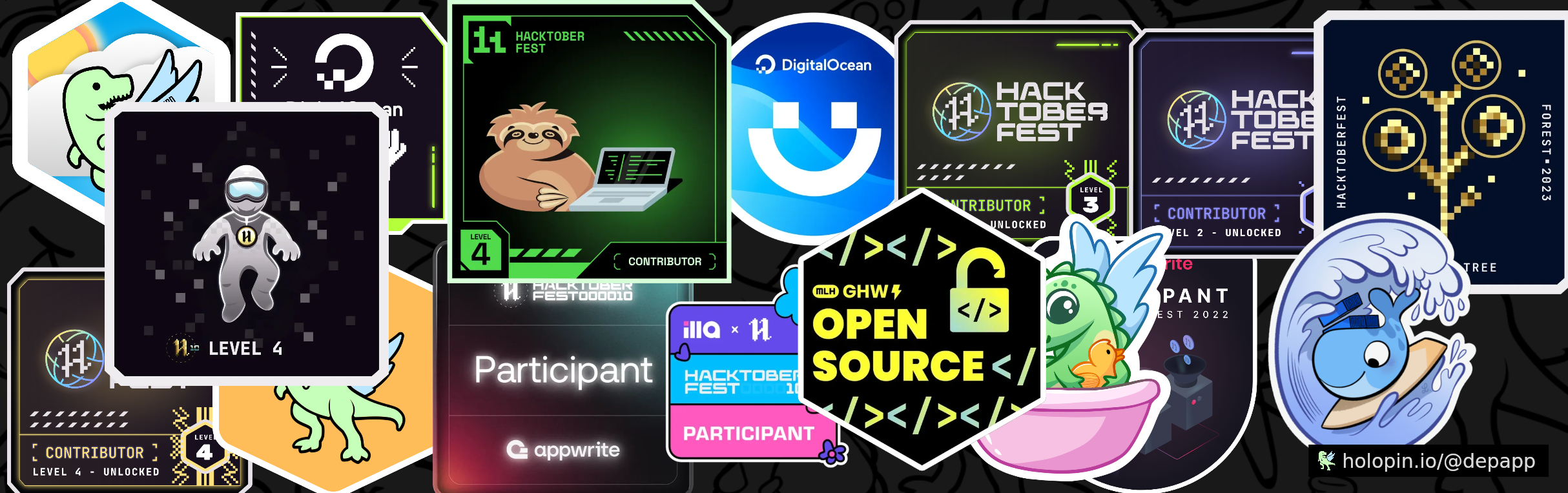 An image of @depapp's Holopin badges, which is a link to view their full Holopin profile