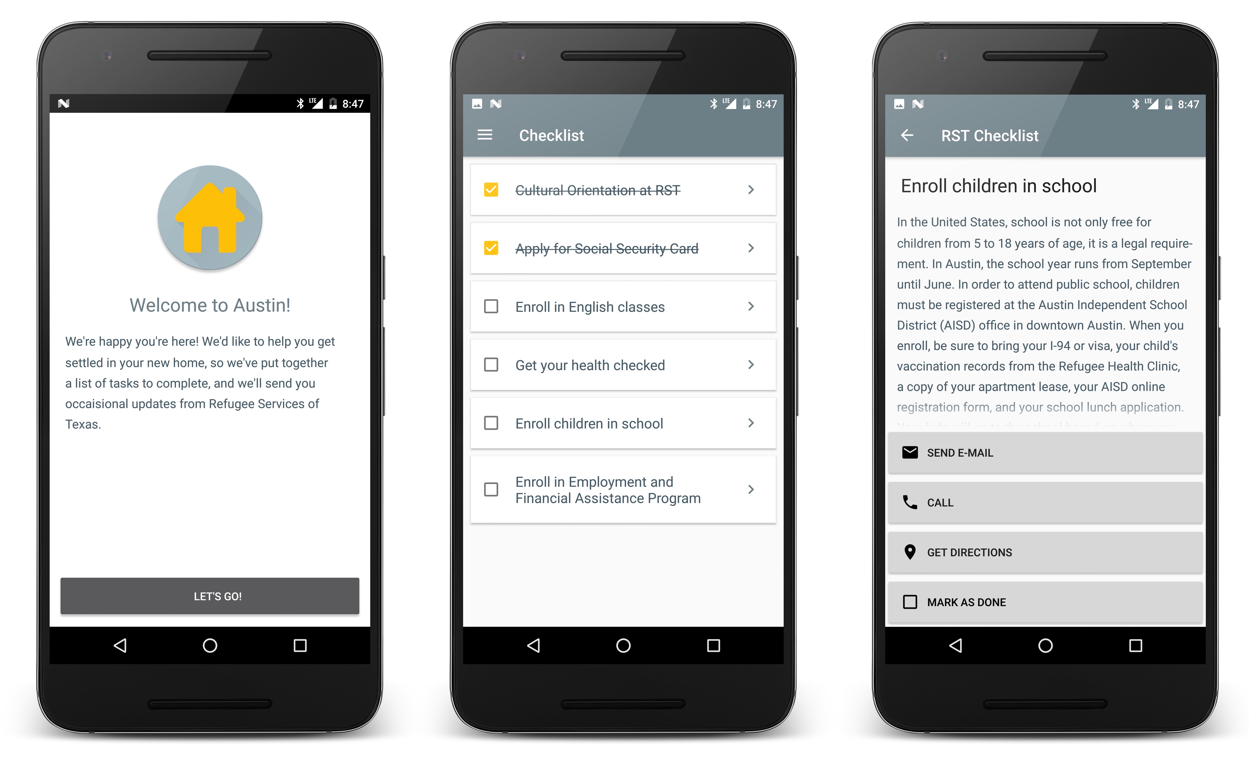 Screenshots of the app's welcome, checklist, and checklist item activities