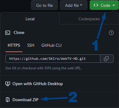 Screenshot of the "Code" button being pressed, revealing the "Download ZIP" button.