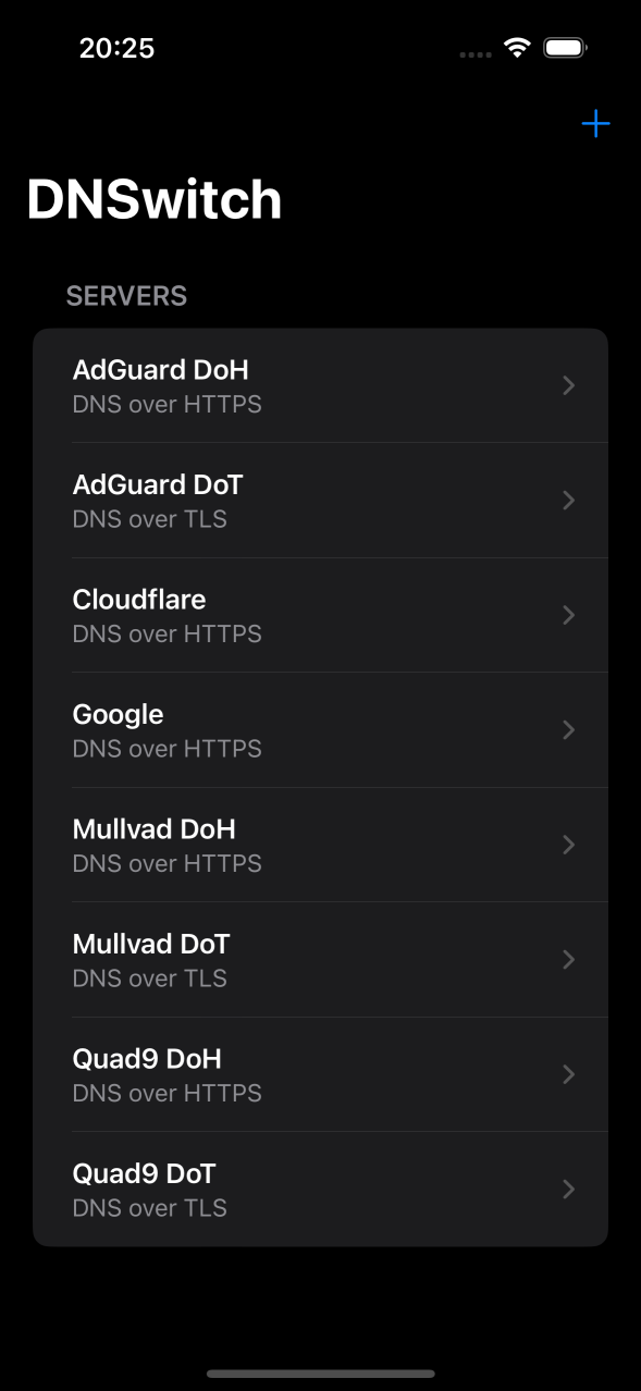 Main screen view showing a list of DNS servers