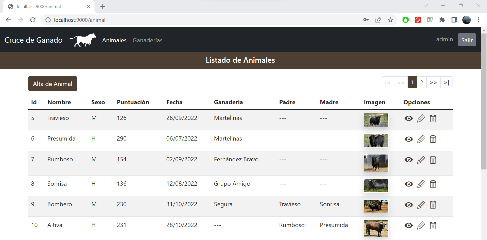 Cruce de Ganado: Listado de animales