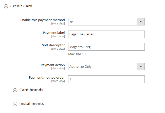 Credit Card Configuration Screen PSP