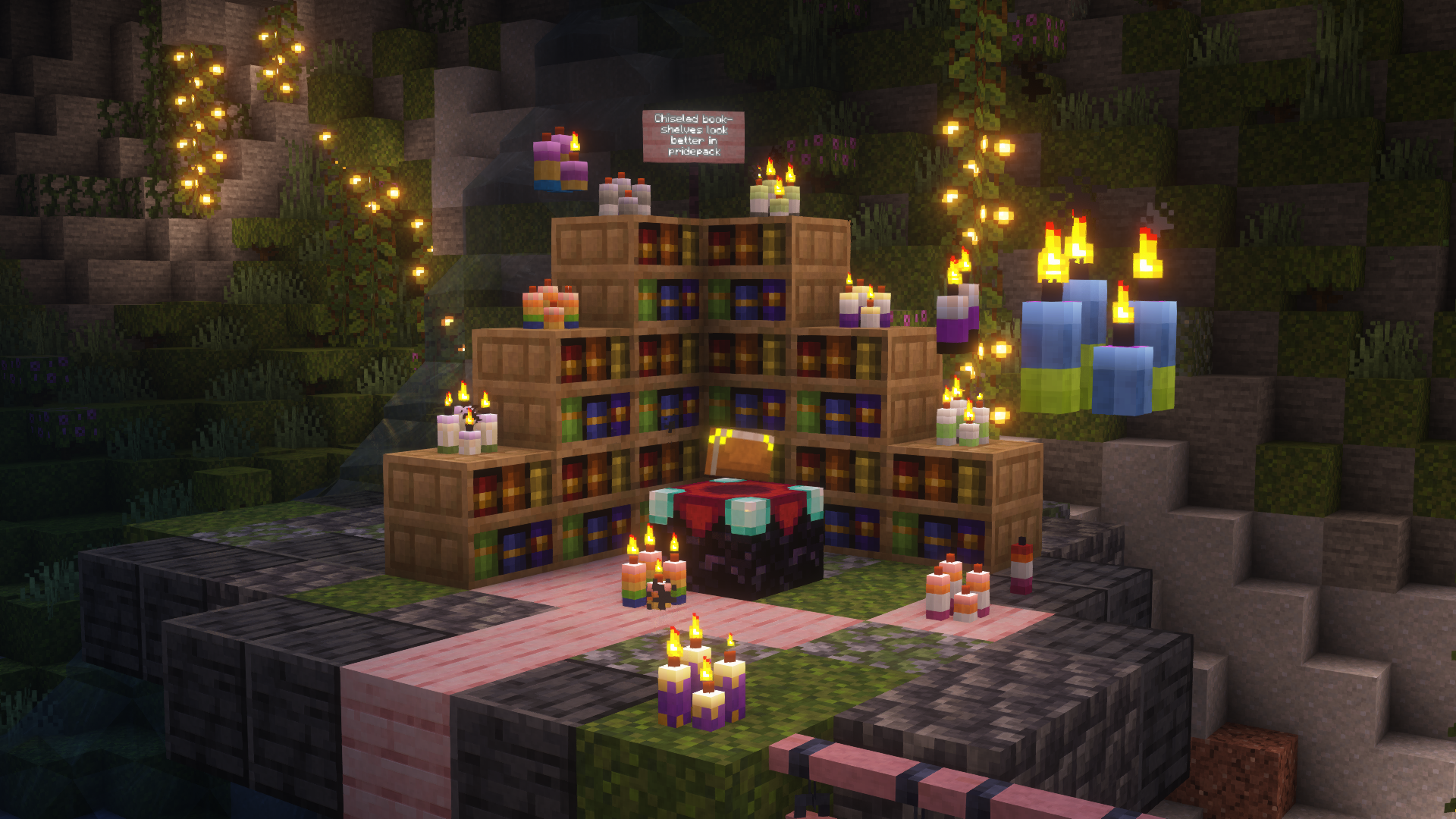 The chiseled bookshelves and candle textures from Pridepack