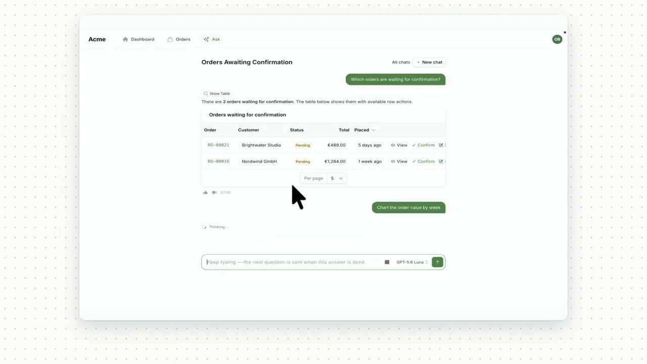 Watch the 60-second demo: a question answered with the live orders table, a chart, and a write approved as a proposal