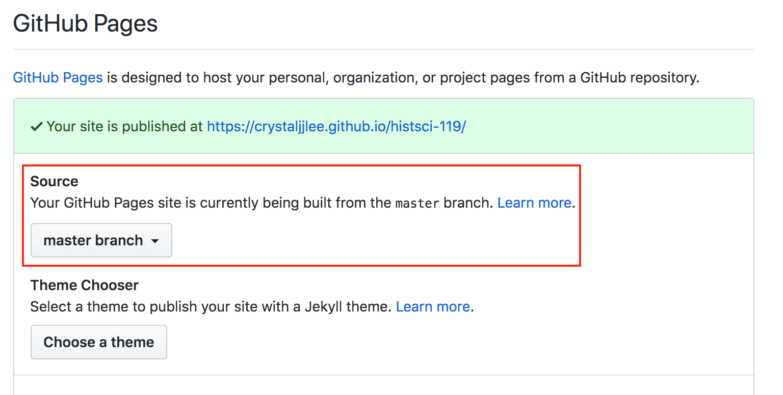 screenshot of GitHub pages settings that shows the master branch as source