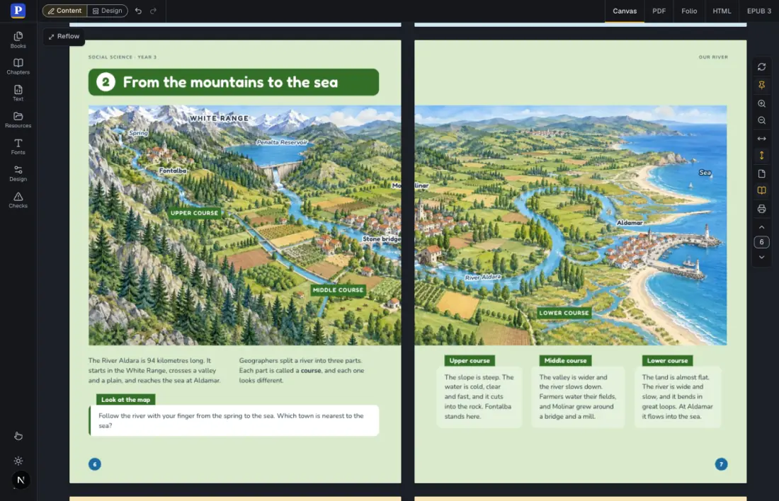 The map across pages 6 and 7 with the new label Stone bridge on the bridge, beside the labels of the towns.