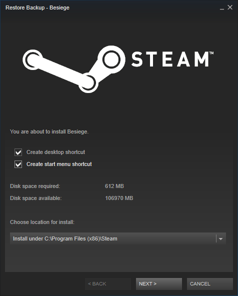 Steam install dialogue opened by SteamDeploy directly from the disc