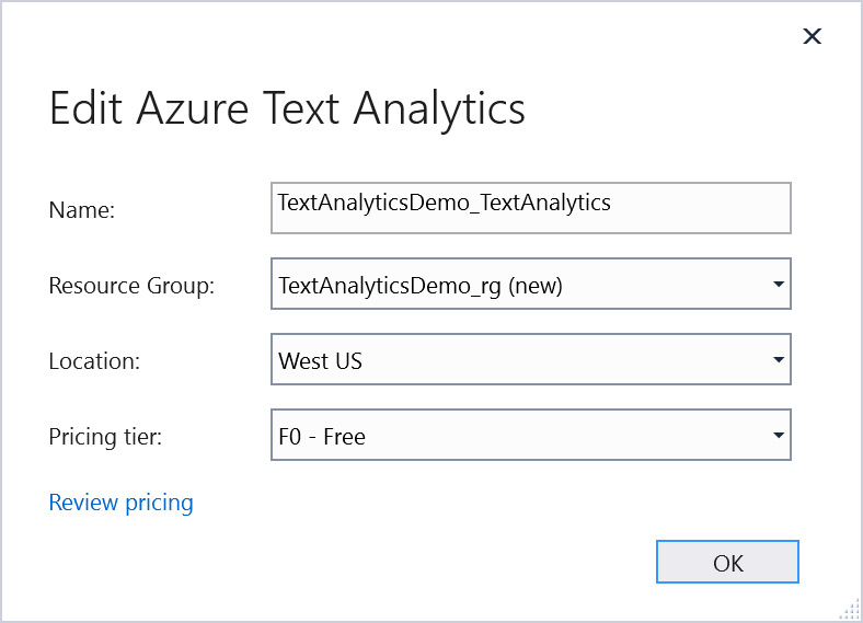 Screenshot of resource group and pricing tier fields