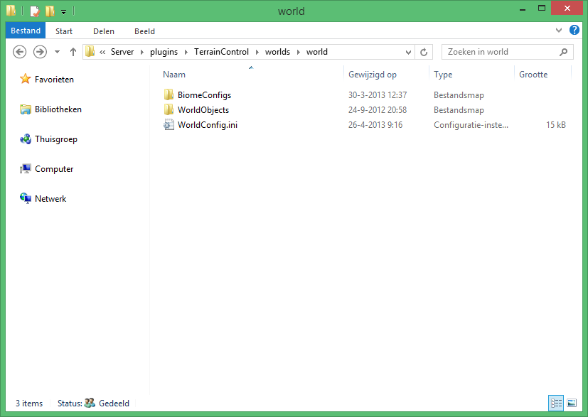 Two folders, BiomeConfigs and WorldObjects and the file WorldConfig.ini