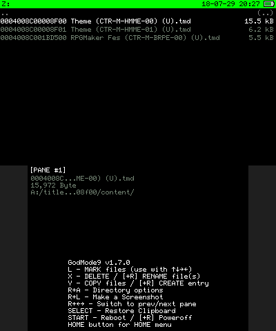 The GodMode9 title listing for DLCs