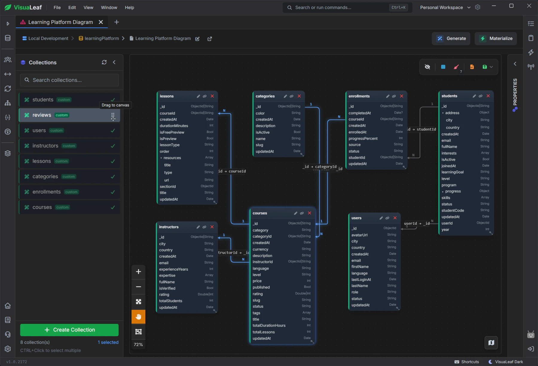 MongoDB schema visualization — interactive diagram of collections and relationships