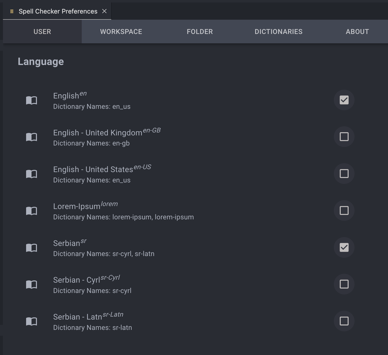 Selected dictionaries in the Spell Checker User Tab