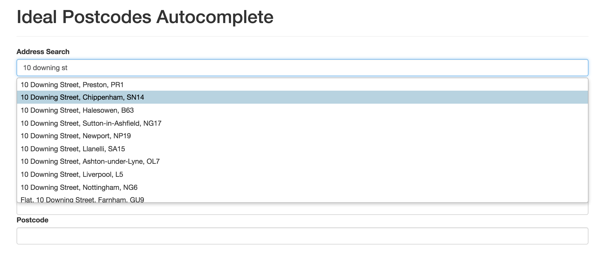 Ideal Postcodes Autocomplete Example