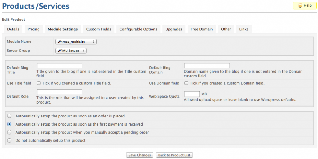 WHMCS - Add Products - Module Settings