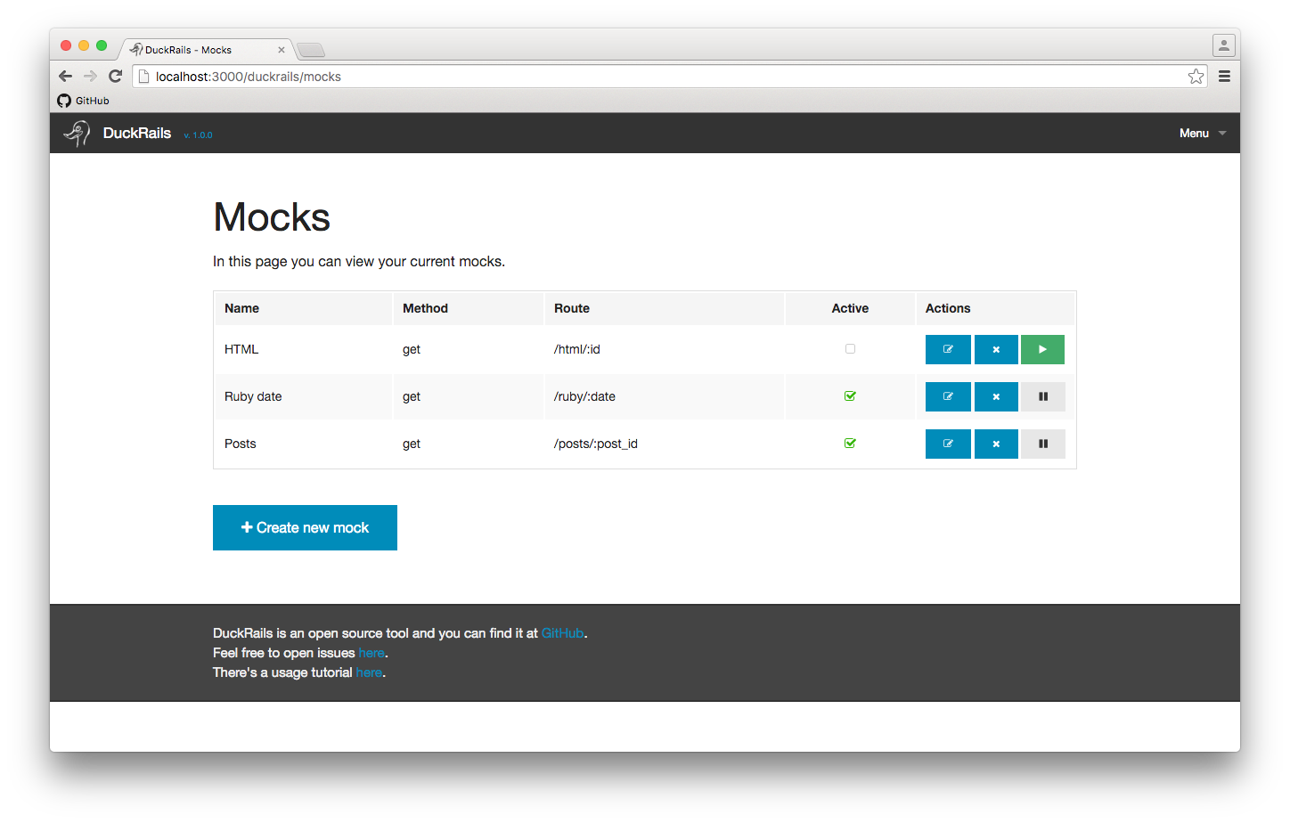 Mocks index page