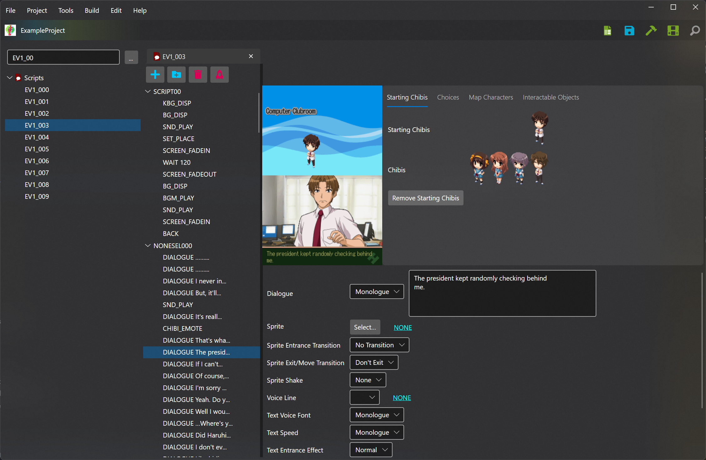 Screenshot of the Serial Loops script editor, featuring the 'EV2_029' script being edited. A list of commands is displayed in a list view panel, with buttons to add, remove and clear commands, with information about the currently selected command displayed on the right. Haruhi and Tsuruya are displayed on a preview of the Nintendo DS screen.