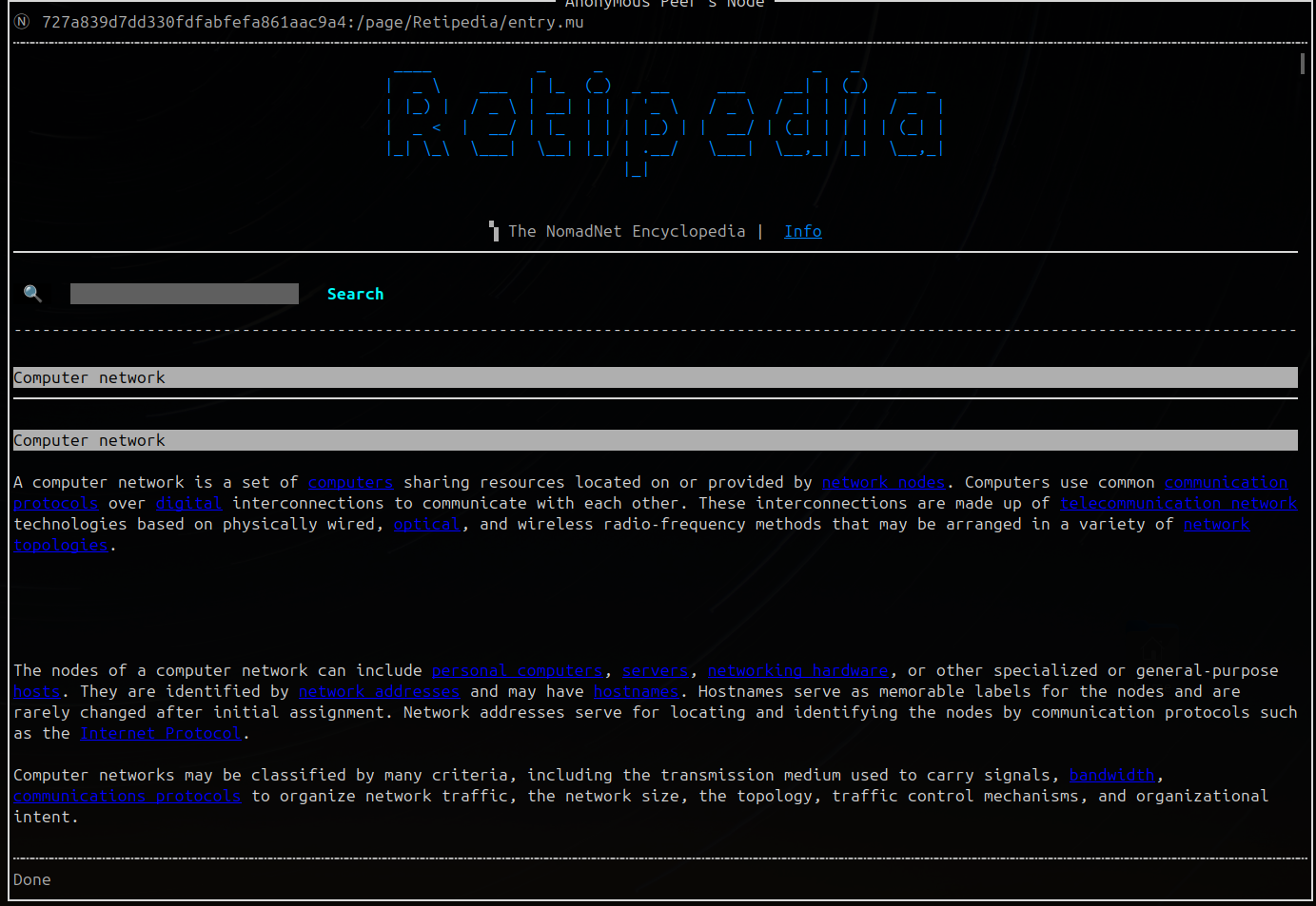 A screenshot of Retipedia running in NomadNet