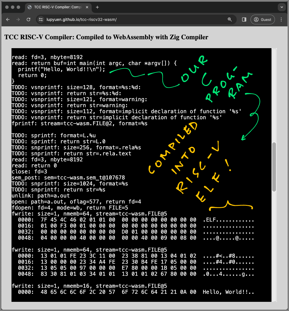 TCC RISC-V Compiler: Compiled to WebAssembly with Zig Compiler